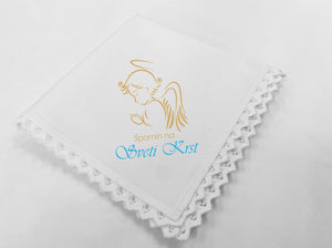 Krstni prtiček Spomin na Sveti krst - angel z modrim napisom - tisk
