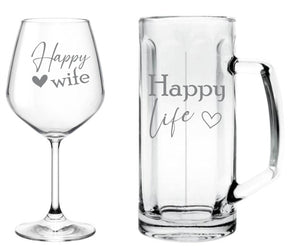 Komplet kozarcev za vino in pivo Happy wife, happy life
