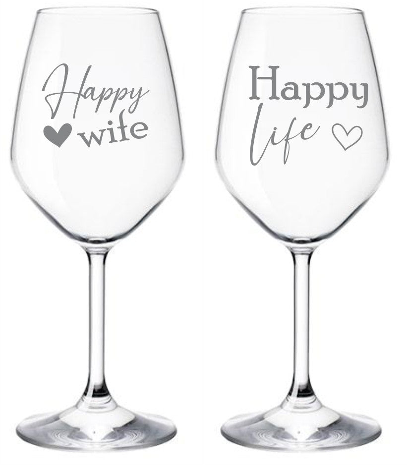 Komplet dveh kozarcev za vino Happy wife, happy life