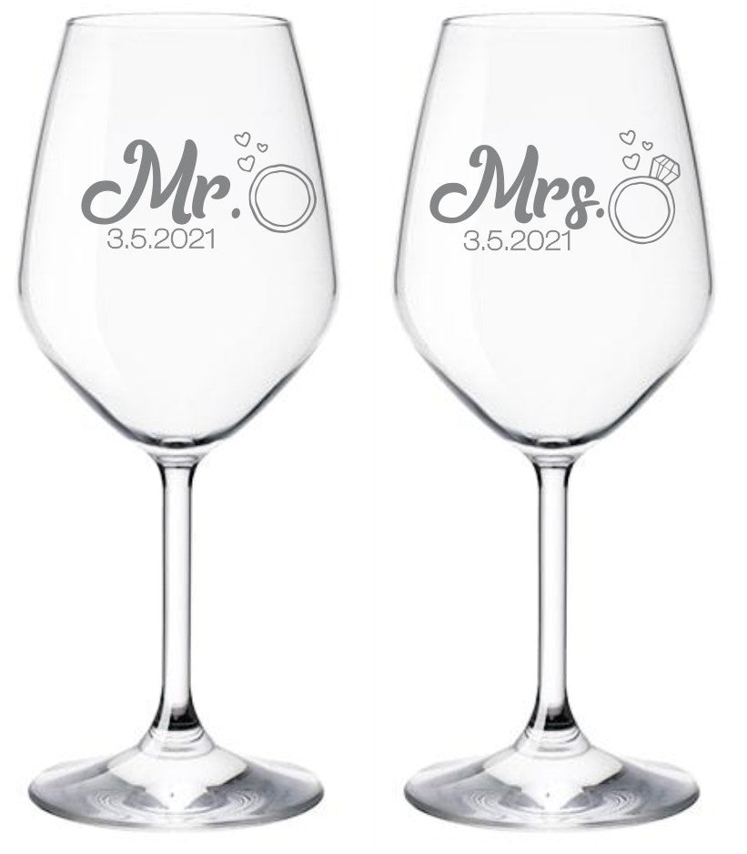 Komplet dveh kozarcev za vino Poroka Mr. and Mrs.